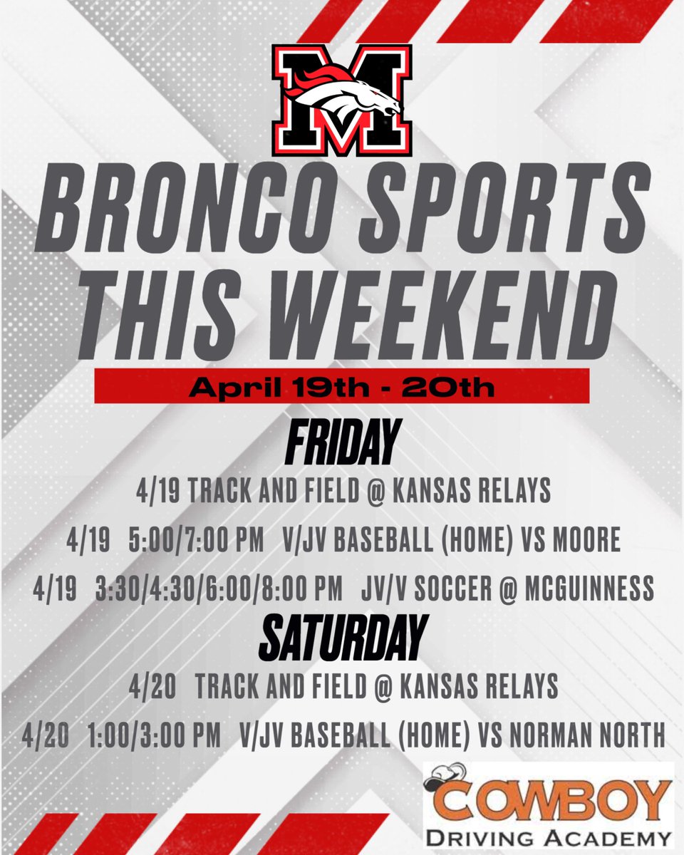 🐴 Here's the weekend schedule for Bronco Athletics!

#GoBroncos #Horsepower
@MustangSchools @MHS_Broncos @MHStheStable