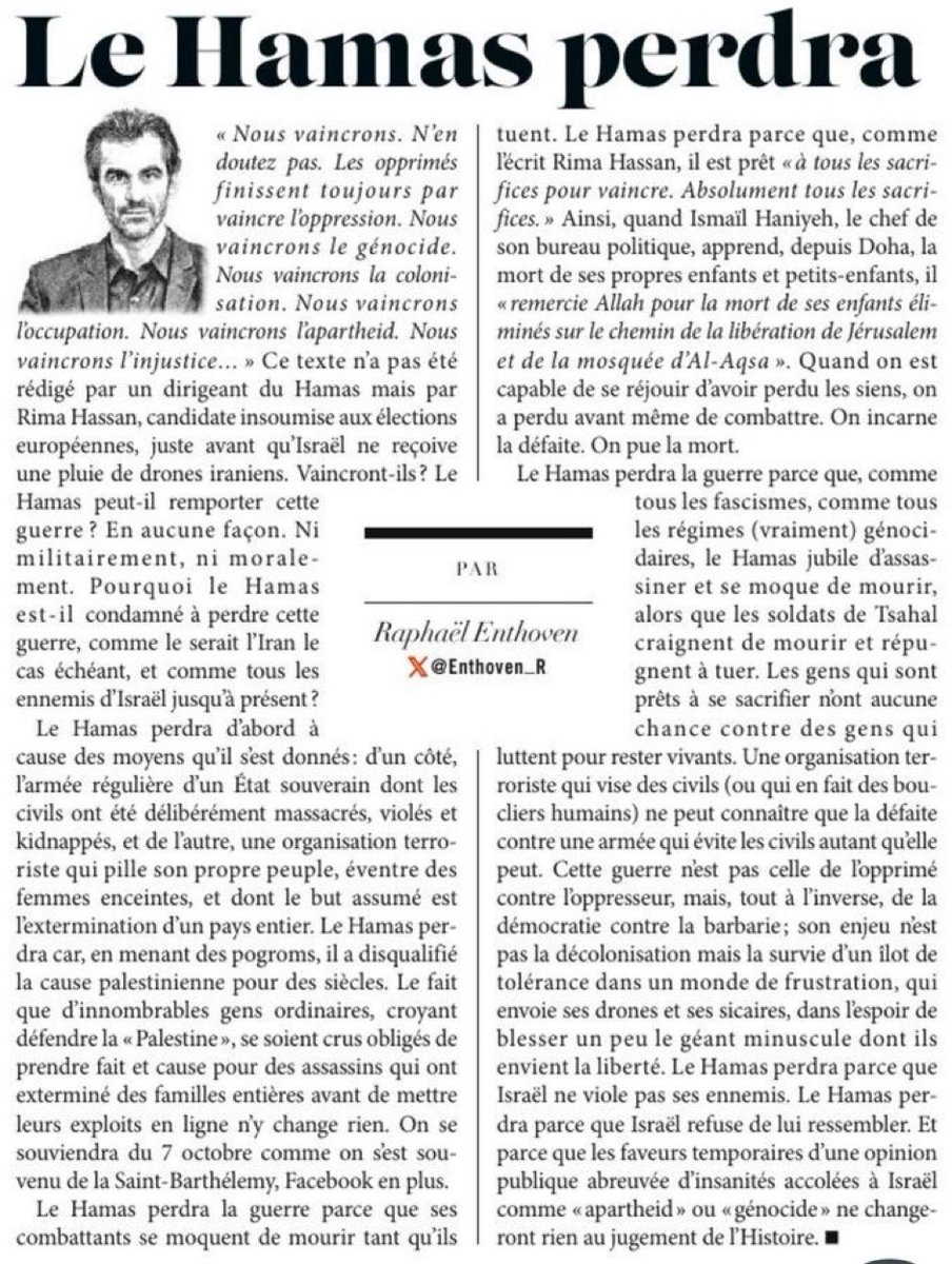 Intéressante contribution au débat du philosophe Raphaël Enthoven.