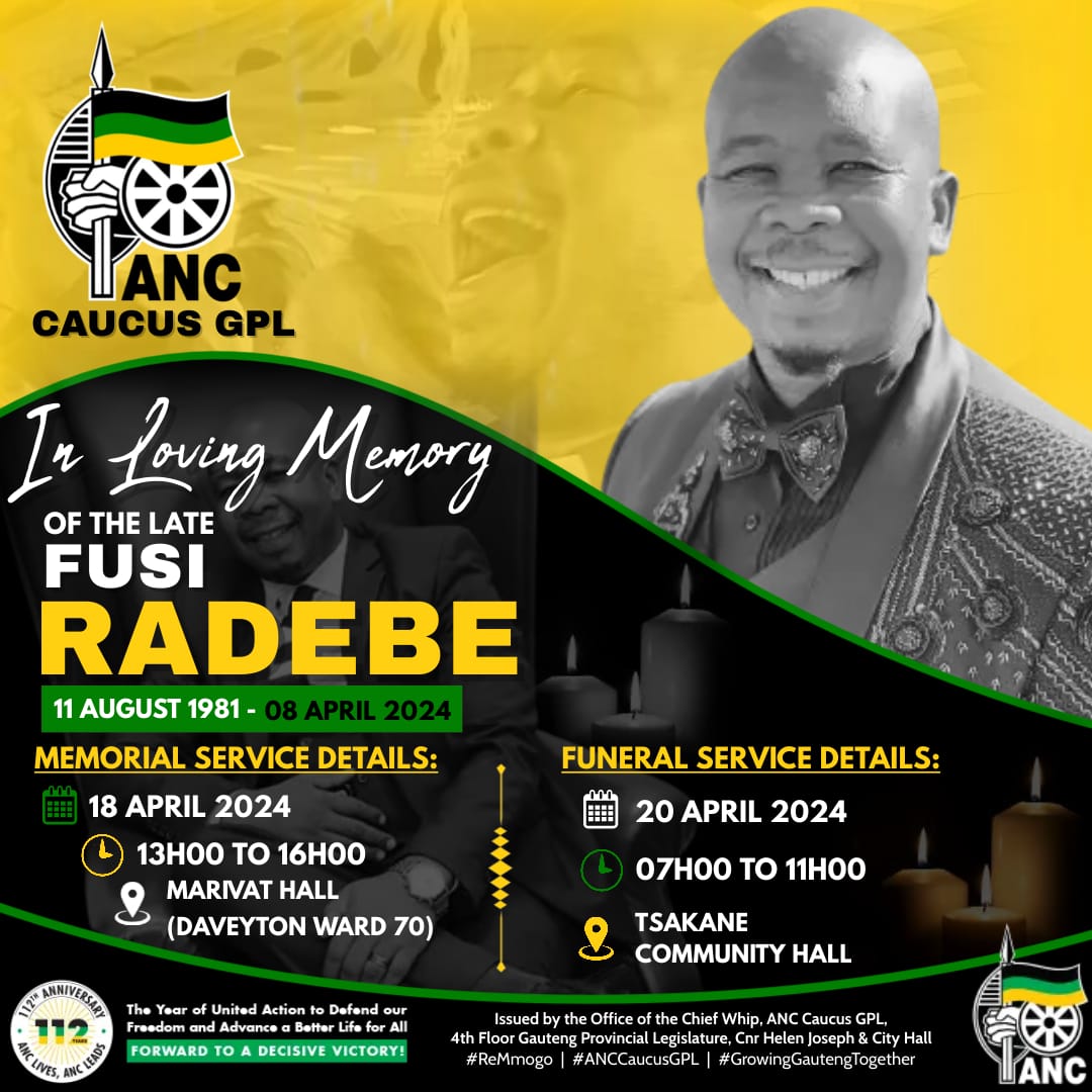 The memorial service of the late Fusi Radebe is currently underway at Marivate Hall in Daveyton, Ekurhuleni. Family members, colleagues and comrades are in attendance. 
⚫🟢🟡 #ReMmogo #ANCCaucusGPL #GrowingGautengTogether