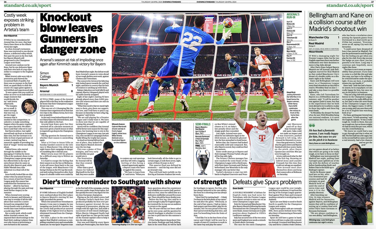 Plenty more Champions League coverage inside, including @sr_collings' analysis from Munich as @Dan_KP looks at Arsenal's major weakness and the Eric Dier renaissance. @NizaarKinsella also writes on the looming Kane vs Bellingham showdown for a Wembley final spot