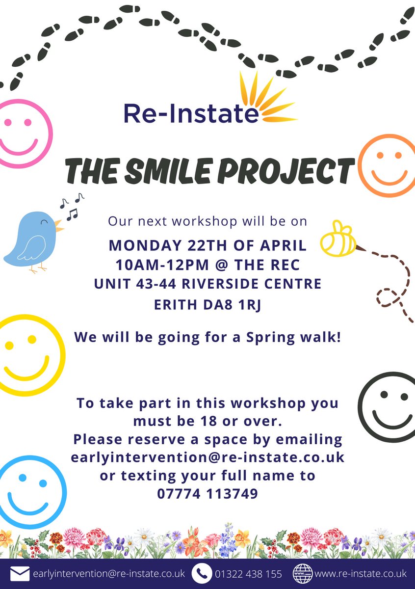 It's that time again Smilers!! Our bi-weekly FREE Smile session will be held on Monday (the 22nd April) at 10am, we will be going for a lovely Spring walk alongside the Thames💙To get involved and book YOUR place, please contact earlyintervention@re-instate.co.uk or 07774 113749