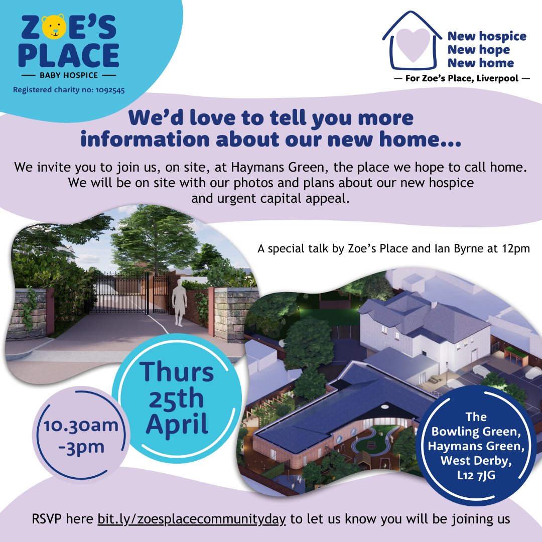 We invite you to join us, on site at Haymans Green, we'll have plans of our new hospice and capital appeal A special talk by Zoe’s Place and @IanByrneMP at 12pm Thurs 25th April The Bowling Green, Haymans Green, West Derby 10.30am - 3pm RSVP here: bit.ly/zoesplacecommu…