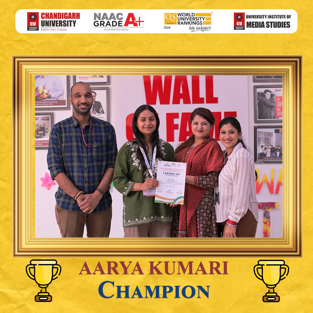 Aarya Kumari , representated our university at national level 2nd AIU women parliament, hosted in Parul University. Where out of 32 University team Cu were in Top five and henced got the medal.  

#chandigarhuniversity #mediastudies #uims #student #AIU