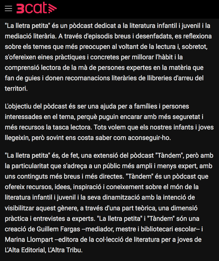 Yo venía por el Telenotícies pero 3Cat me recomienda un nuevo podcast de LIJ, "La lletra petita", que estrena su primer programa: ccma.cat/3cat/la-lletra… 
👏
Es un nuevo proyecto de @TandemLIJ, que ojalá aquí también caigan en incluir algo de cómic de vez en cuando...😉