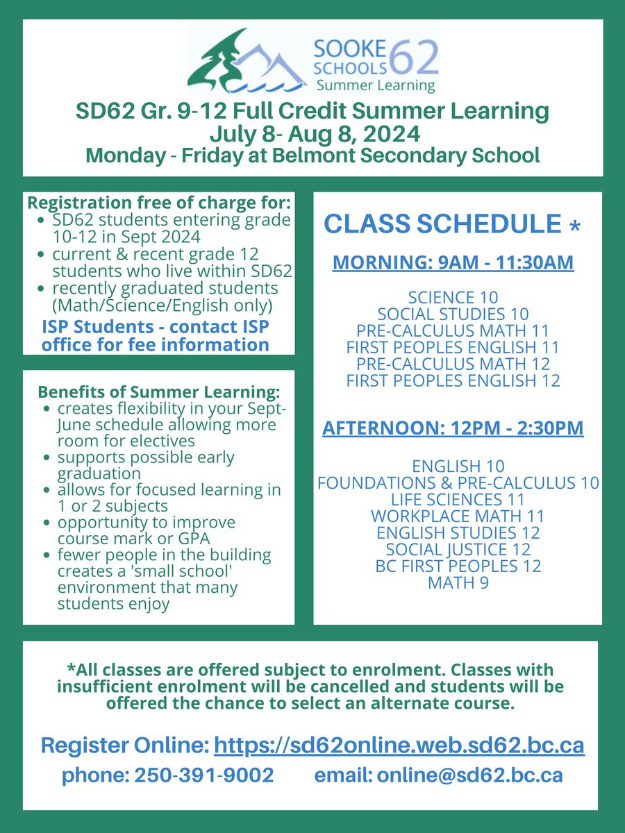 Registration for our full credit summer learning program is open. Register: forms.office.com/pages/response… If you have any questions, please email online@sd62.bc.ca