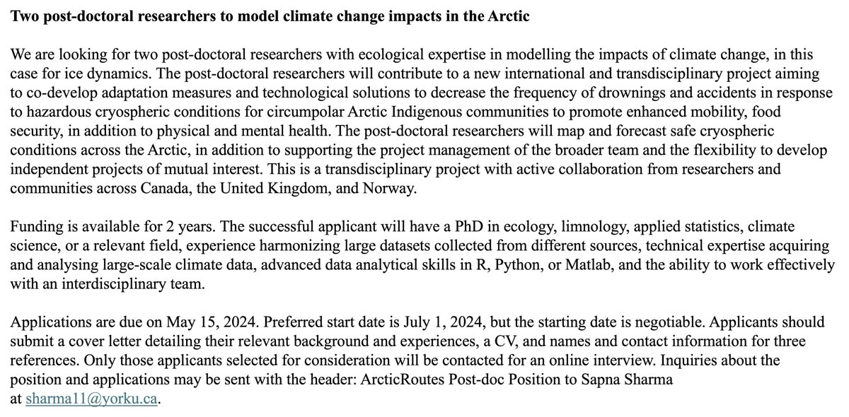 We're hiring 2 post-doctoral researchers @YorkUScience to model the impacts of climate change in the Arctic. We're a transdisciplinary international group aiming to co-develop solutions to improve ice safety. Deadline to apply: May 15. Please share.