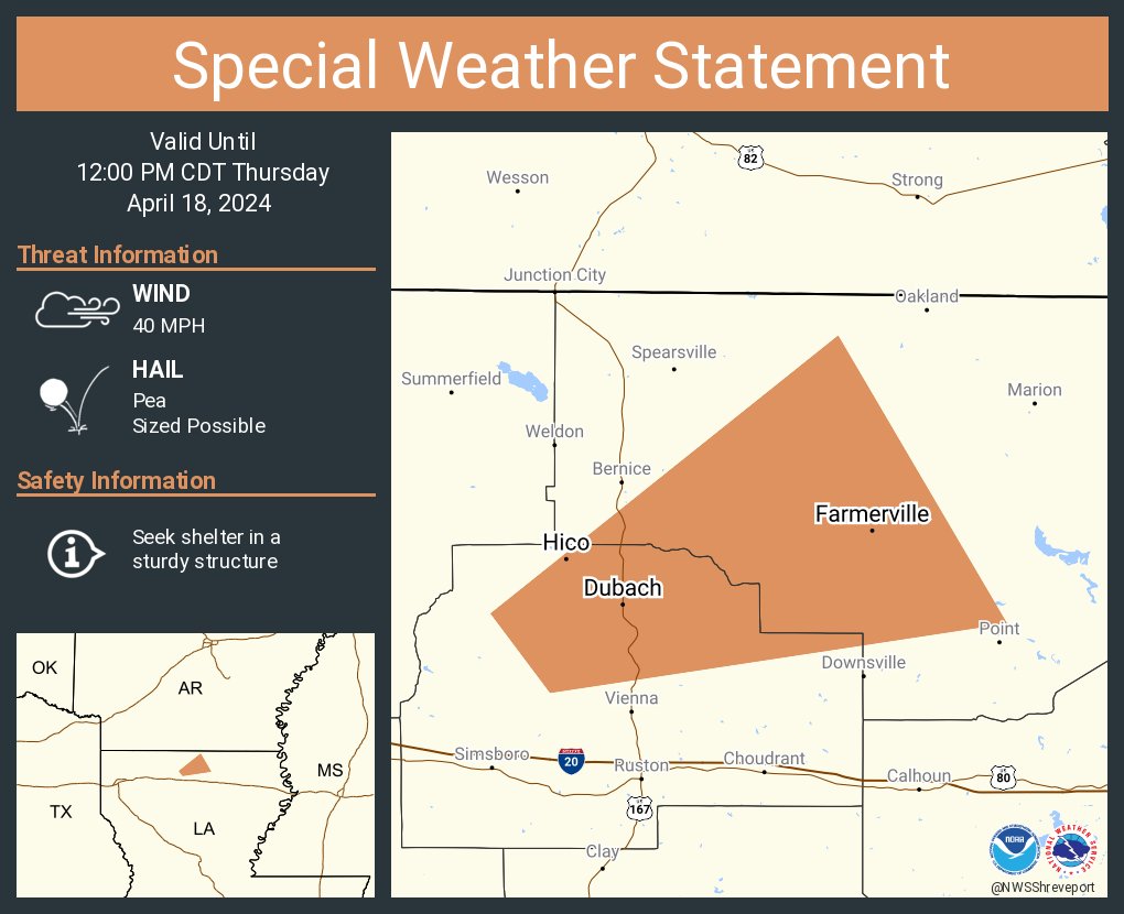 A special weather statement has been issued for Farmerville LA, Dubach LA and Hico LA until 12:00 PM CDT