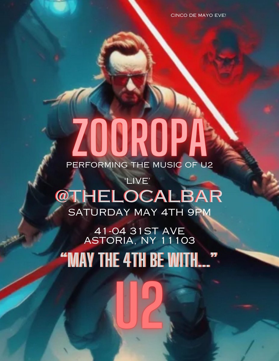 Zooropa will be playing at the Local in Astoria, Queens. Saturday, May 4th at 9:00pm. Come on down and see the show ! #zooropa #astoria #livemusic #coverband #u2 #nycmusic