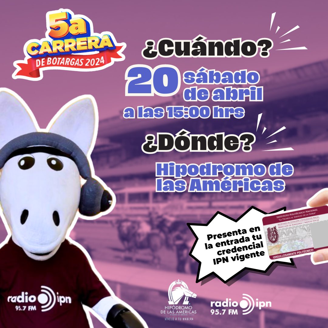 ¡Ya estamos listos! 🤩 Nos vemos en la 5ta carrera de botargas, este 20 de abril en el Hipódromo de las Américas. Acude con toda tu familia y amigos a apoyar a Policarpio ❤ Puedes adquirir tu entrada por internet o directamente en las taquillas a partir de las 14:00 hrs.