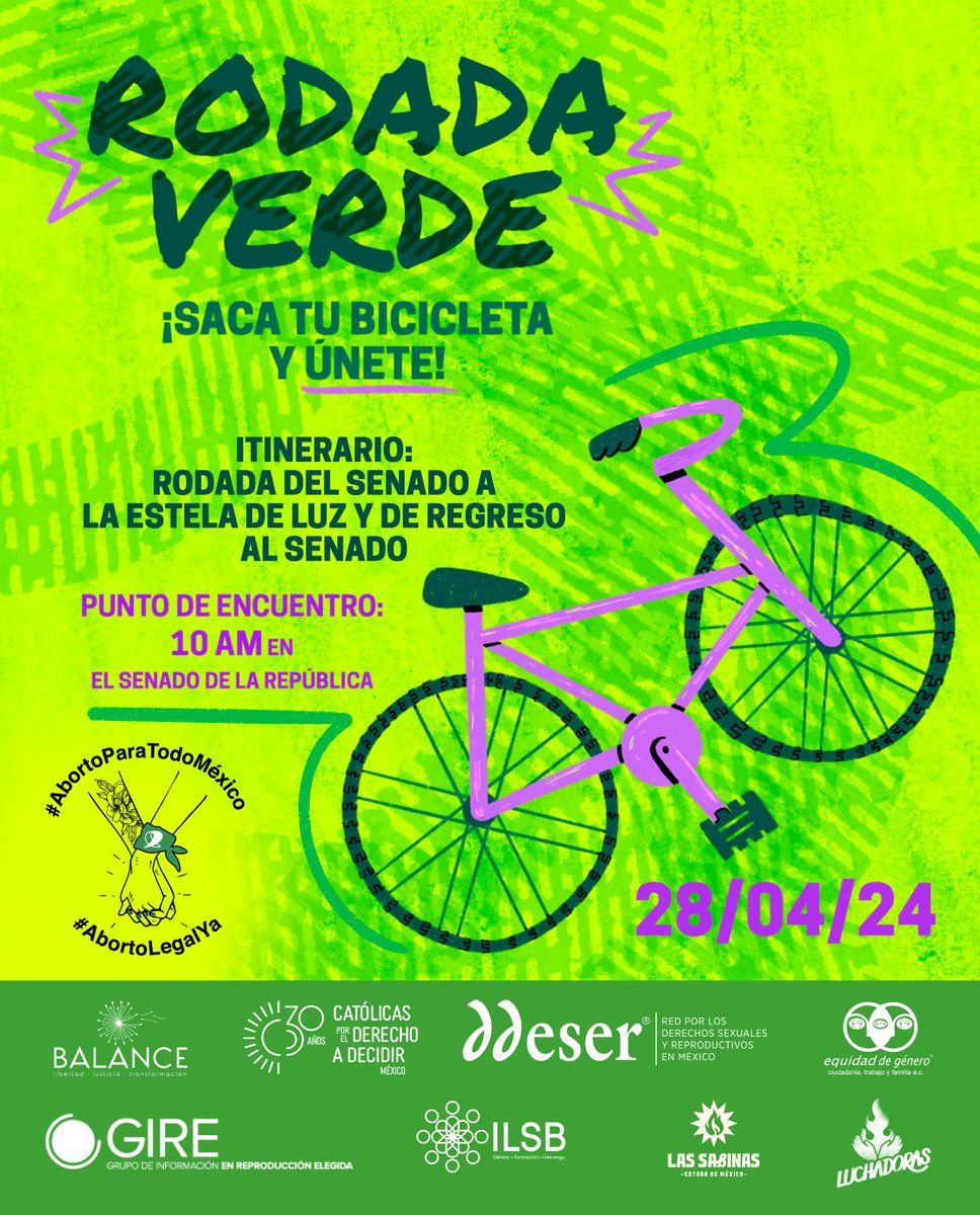 LuchadorasMX's tweet photo. 💚🔥 Rodemos juntxs para celebrar los avances en materia de aborto y exigir al Senado que legisle a favor de nuestros derechos, ¡fuera aborto del Código Penal Federal YA!

⏰ 10 AM
🚲 Del Senado a la Estela de Luz y de regreso
📌 Mapa de la ruta: https://t.co/CAi2iE7w3X https://t.co/zZ52m2TyGk