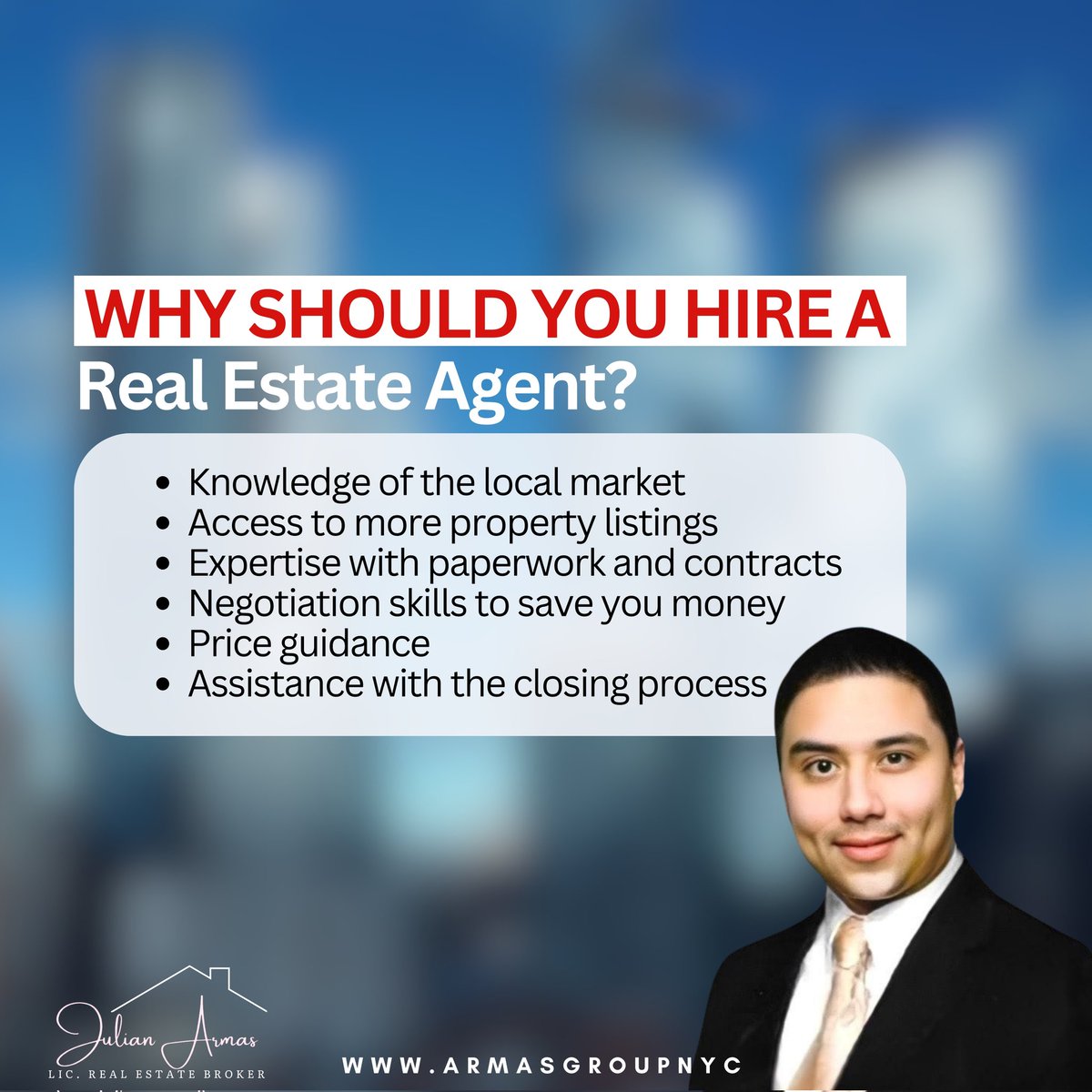 WHY SHOULD YOU HIRE A REAL ESTATE AGENT ? 
HOPE POINTS MENTIONED BELOW WILL HELP YOU IN KNOWING ....☑️

Follow @mrjulianarmas for more such information ℹ️ 

#homeowner  #listingspecialist #realestate #realestateagent #estateagentsofinstagram #realestatelife #realestategoals🏡💕