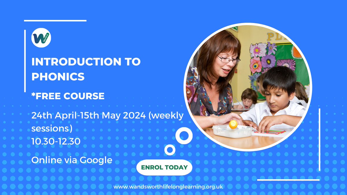 Take the 1st step & develop your child's literacy. This #freecourse is designed to equip you with the skills to facilitate children's growth in reading and writing, outside of school hours with phonics. Register here: forms.office.com/e/FnC6CrSFg5 #Phonics #WandsworthLifelongLearning