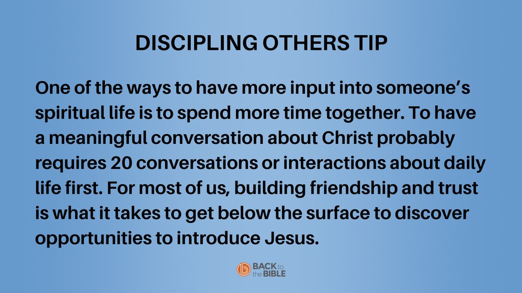 BacktotheBible's tweet image. Discipling Others requires friendship and trust first!

We would love to hear your tips on Discipling Others.

Read the entire article at bttb.org/3vRLMu7

#disciplingtip #friendsfirst #spiritualfitness