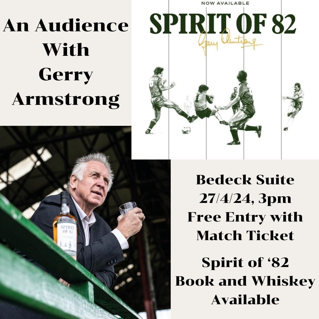 🥃 An Audience With Gerry Armstrong 🥃 Gerry Armstrong will be in the Bedeck Suite from 3pm before the Carrick Rangers game on 27th April. He is available to sign his Spirit of 82 book and whiskey. 🎟️ Admission is free but only with a match day ticket.