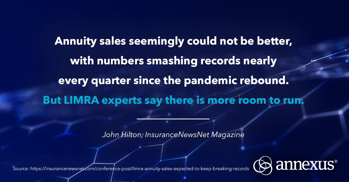 #Annuity sales gained 23% to reach a record $385.4 billion last year, LIMRA reports — and there’s room for more growth.  Read more about it >> zurl.co/NB29 #Annexus #FIAs #RetirementPlanning