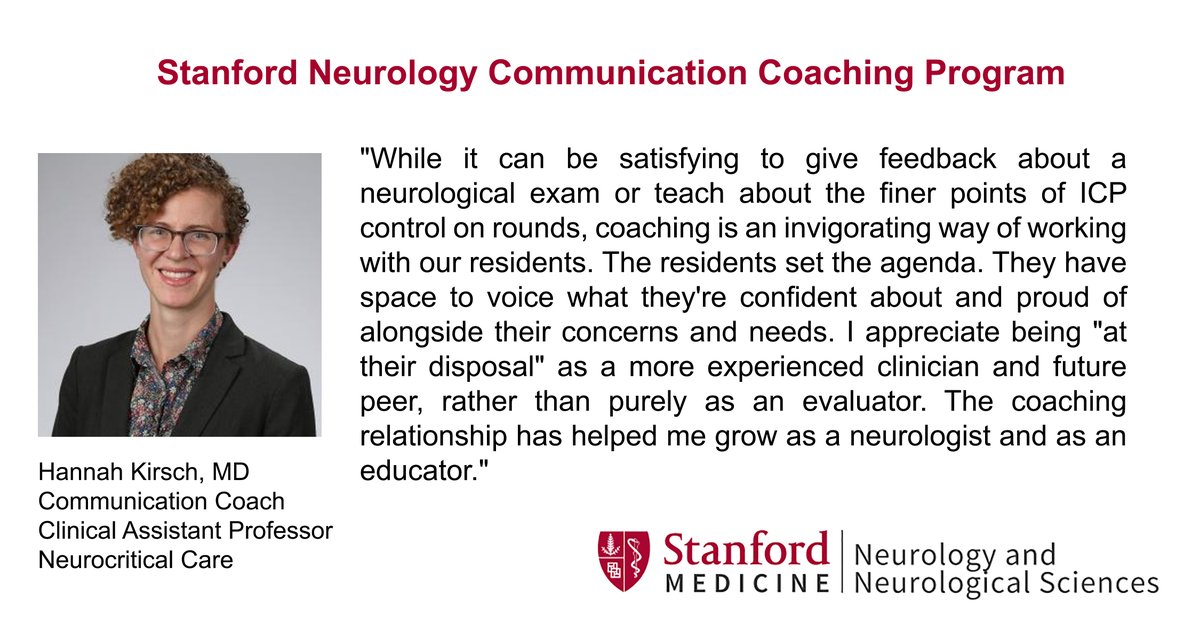 The Stanford Neurology Communication Coaching Program pairs trained faculty coaches with every Stanford Neurology resident to meet their individual goals related to communication skills. Visit our website to learn more: med.stanford.edu/neurology/educ… #NeuroTwitter #ResidentCoaching