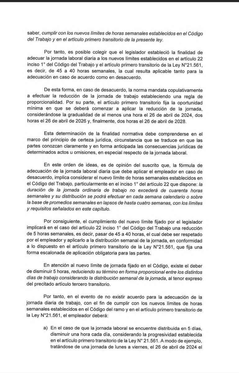 alvardominguez's tweet photo. Dictamen Dirección del Trabajo. Ord. 235/08 18 de abril de 2024. Si no existe acuerdo entre las partes, la rebaja a la jornada de una hora debe realizarse en un día y no es posible reducir 12 minutos diarios https://t.co/6vcfbuVom9