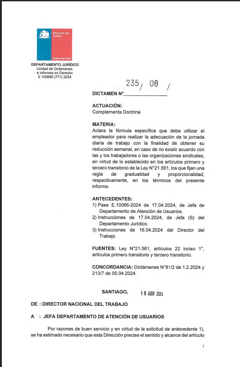 alvardominguez's tweet photo. Dictamen Dirección del Trabajo. Ord. 235/08 18 de abril de 2024. Si no existe acuerdo entre las partes, la rebaja a la jornada de una hora debe realizarse en un día y no es posible reducir 12 minutos diarios https://t.co/6vcfbuVom9