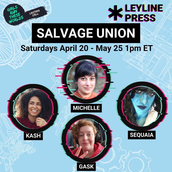 PREMIERE SATURDAY: Sponsored by @LeylinePress, join @Michellicopter , @Gaskinator3000, Kash and Sequaia for a high-octane mini-series of Salvage Union! Check out @SalvageUnion for yourself here - buff.ly/3TQ0HwE