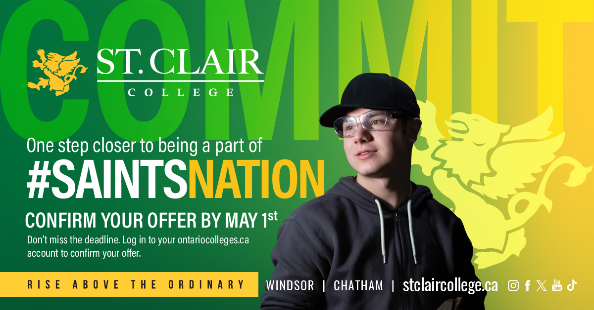 Reminder incoming Saints, the deadline to confirm your offer of admission is May 1st. Log onto your OCAS application today and join #SaintsNation2024 this fall! If you have questions, we're happy to help. Reach out today at discoverstclaircollege.ca