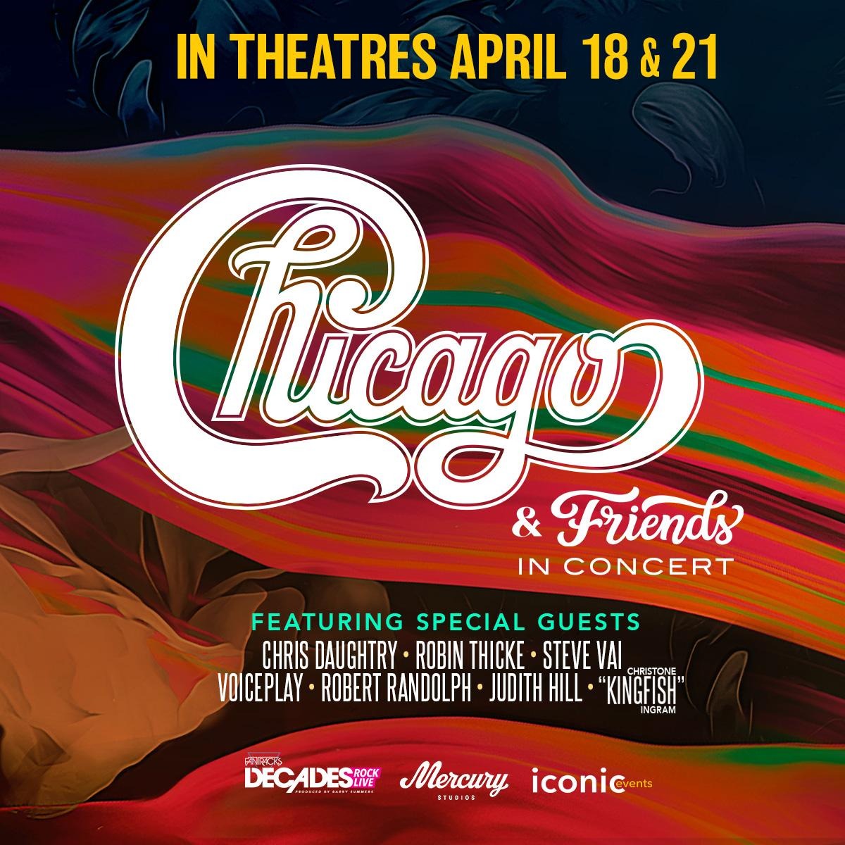 NOW SHOWING! Chicago & Friends In Concert – out today in theatres across the US! Tickets and theatre locations @ chicagoandfriendsintheatres.com The film features the band's greatest hits and celebrates the 55th Anniversary of their debut album, CHICAGO TRANSIT AUTHORITY. Chicago is