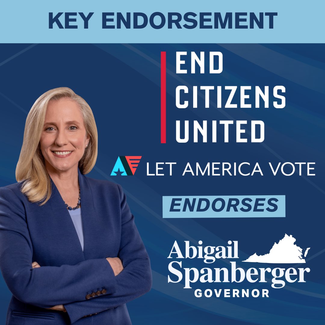 🚨NEW: I’m proud to be endorsed by End Citizens United // Let America Vote. In Congress, I’ve strived to rebuild public faith in our institutions. And as Governor, I’ll defend every Virginian’s access to the ballot box and fight for the issues that matter most to Virginia.