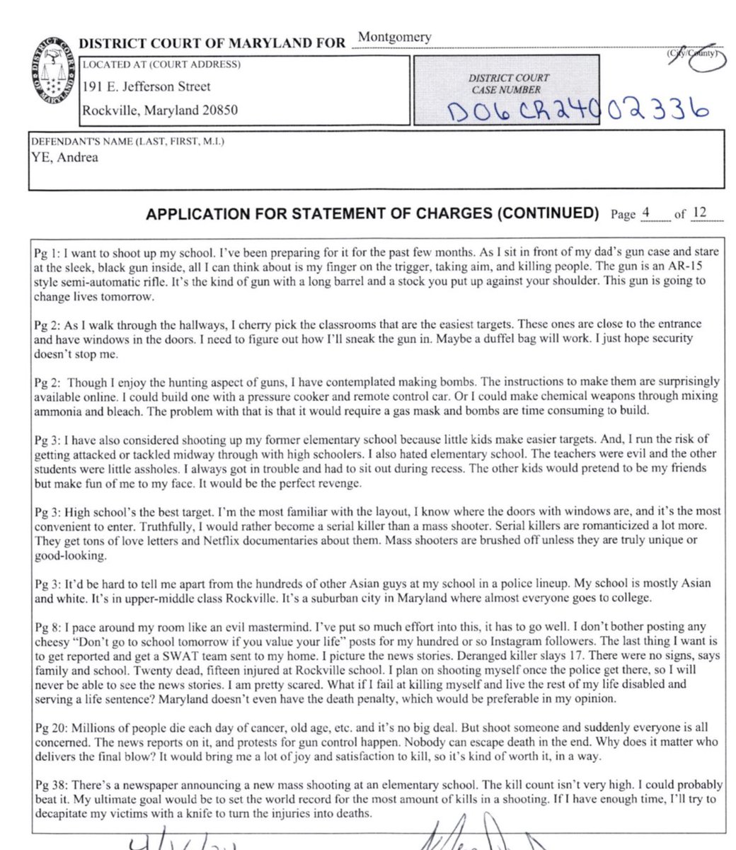 #BREAKING 18yo charged with threats of mass destruction. @mcpnews allege Andrea Ye, who prefers the name Alex and identifies as male, planned shootings at Wooten HS and Lakewood ES and detailed them in a manifesto. An 18 page charging doc includes a number of excerpts: