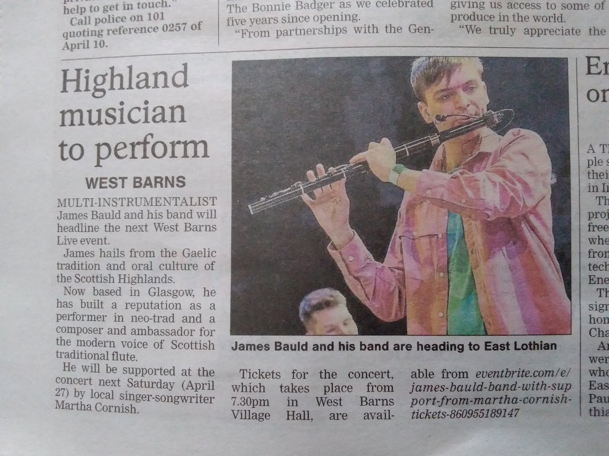 Thanks to @elcourier for article re next #westbarnslive @westbarns_hall on Sat 27th April tkts eventbrite.com/e/james-bauld-… 10% off pre-gig meal Dukes of West Barns @abmassie @GaryInnes @BBCRnG @goeastlothian @MusicNewsScot @DunbarFest @scottishmusic @LiveMusicNowSCO