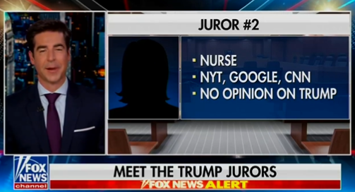 IS JESSE WATTERS PURPOSELY PUTTING JURORS LIFE IN JEAPORDY Last night Jesse Watters shared extensive biographical details about Juror No. 2 -- her neighborhood, occupation, education, marital and family status, and what industry her fiancé works in.