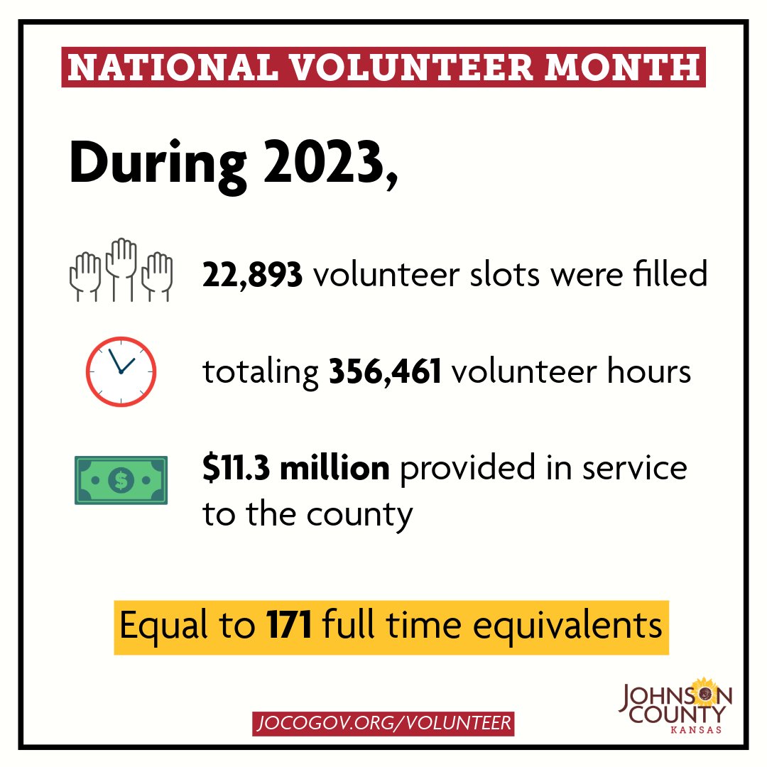 jocogov's tweet image. Today, the Board of County Commissioners proclaimed April 21-27, 2024, as #NationalVolunteerAppreciationWeek in Johnson County.

During Volunteer Week, we stop and recognize that a very important part of the success of our community is our volunteers.