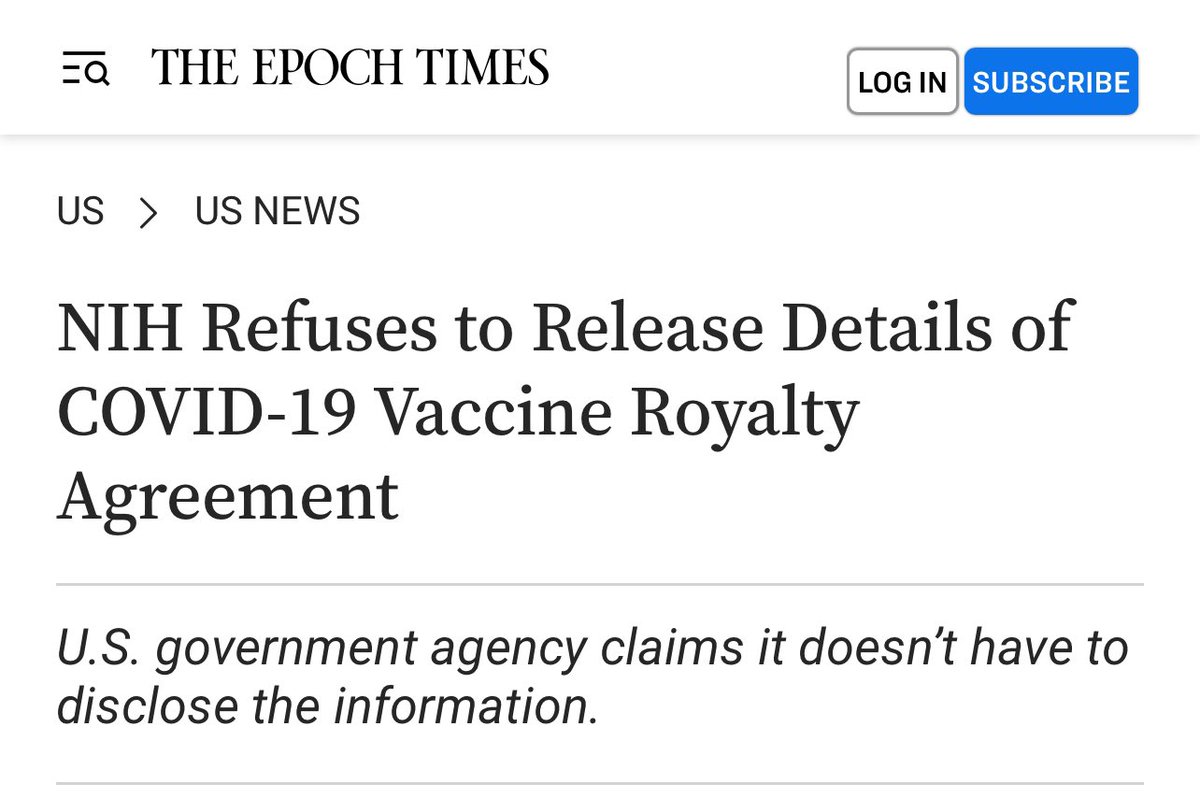 “The U.S. National Institutes of Health (NIH) is refusing to release additional information about an agreement it reached over a COVID-19 vaccine that has earned it at least $400 million.

The NIH declined to provide any materials in response to a Freedom of Information Act…