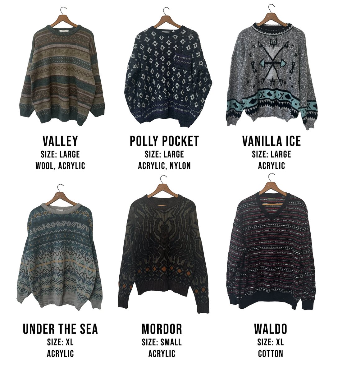 New vintage sweaters are up! Choose your favorite from the dozens of options! 🤠 #vintagesweaters #ilovethe90s #80svibes #sweaters