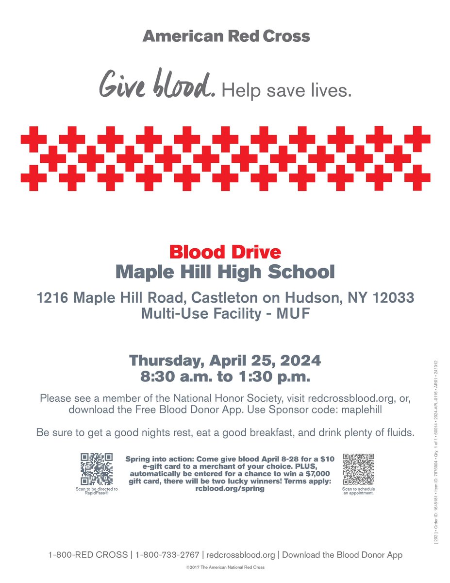 MH National Honor Society hosts a @RedCross Blood Drive next Thursday (April 25)! Consider signing up @ tinyurl.com/32tsamj5 It's open to all Schodack CSD community members, not just students & faculty/staff! Email Ms. Mahota (kmahota@schodack.k12.ny.us) with questions!