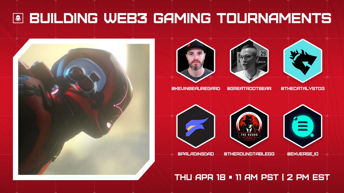 Citizens this is your ONE HOUR REMINDER for our spaces with <a href="/theCatalystOG/">Catalyst</a> <a href="/PaladinsDao/">Pally Feud</a> <a href="/TheRoundTableGG/">TheRoundTable</a> <a href="/exverse_io/">EXVERSE</a> <a href="/kevinBeauregard/">Kevin Beauregard</a> <a href="/greatrootbear/">Richard Ng</a> 🚨🚨

We’re talking Web3 tournaments (which means a l p h a). Did somebody say allowlist?

T-60 minutes.

x.com/i/spaces/1mrGm…