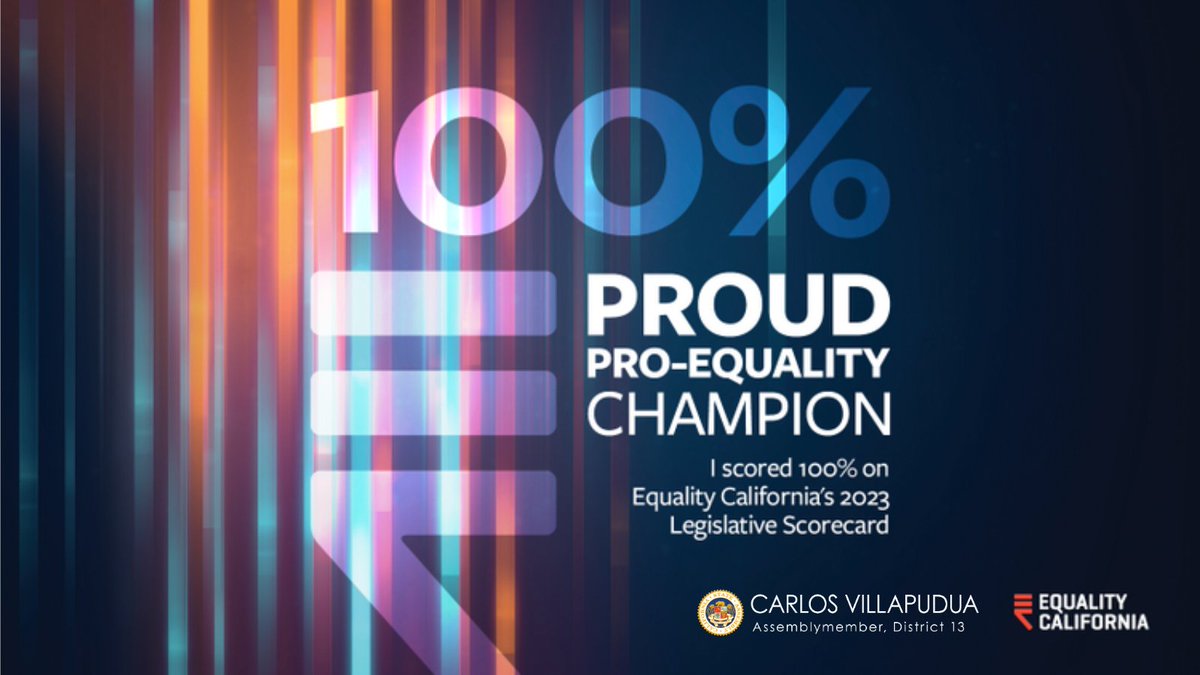 I am proud to have earned a 100% score on the Equality California scorecard for my voting in 2023. Today and every day, we must continue to build a just and equal world that is free from discrimination.