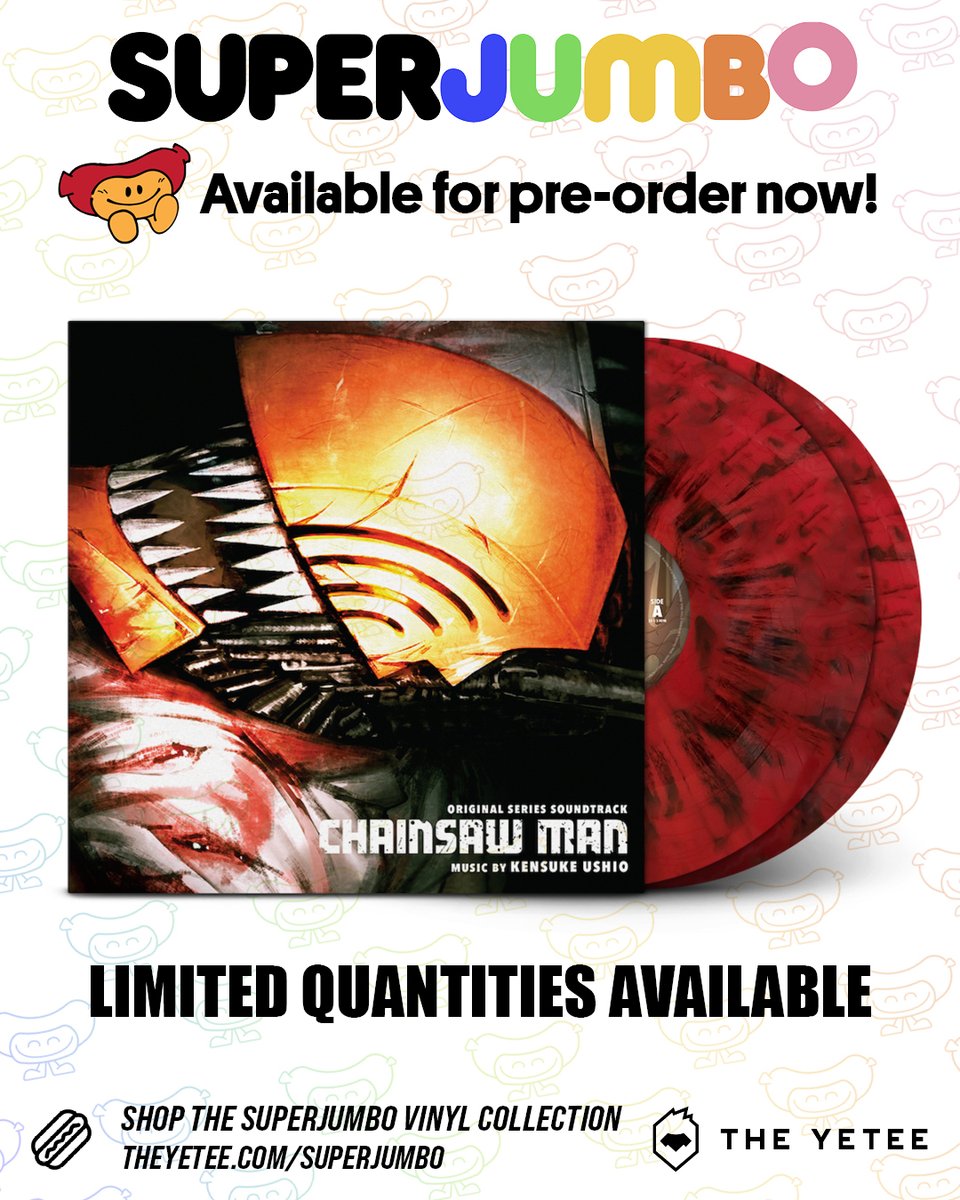 Rev up your turntables, we've got a limited quantity of the Chainsaw Man soundtrack on vinyl available RIGHT NOW from Superjumbo! Check out our new and improved hub for perusing our online record collection to pick up your copy... and more! 🎵 theyetee.com/superjumbo