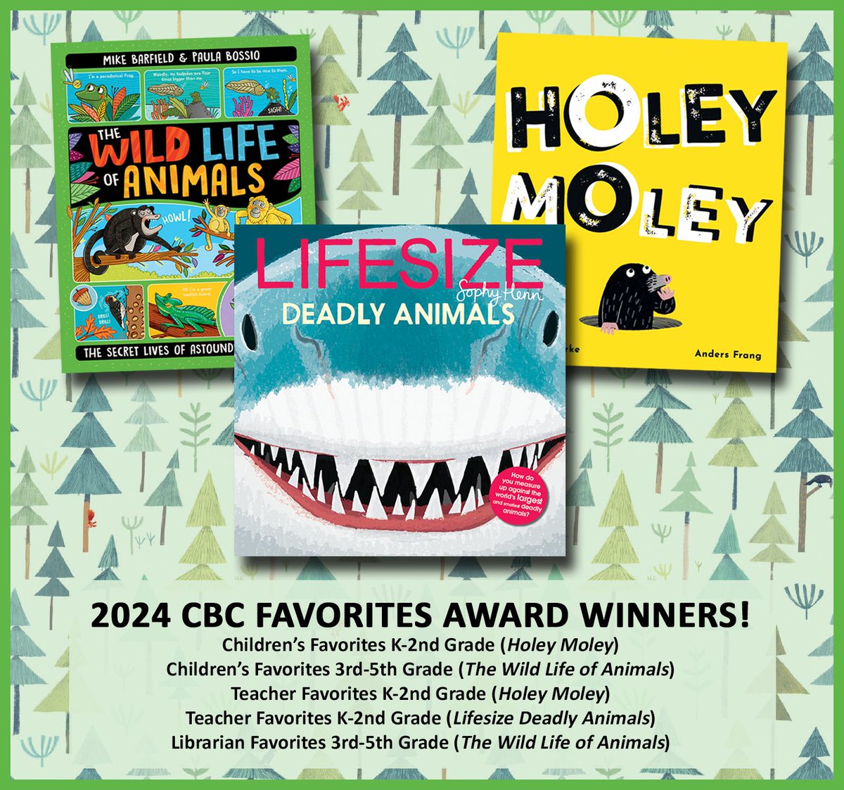 We are absolutely thrilled to share that three of our titles have been selected as 2024 @CBCBook Favorites! #kidlit #picturebooks 🎖: cbcbooks.org/readers/reader… 🐒: kanemiller.com/wild-life-of-a… 🕳: kanemiller.com/holey-moley.ht… 🦈: kanemiller.com/lifesize-deadl…