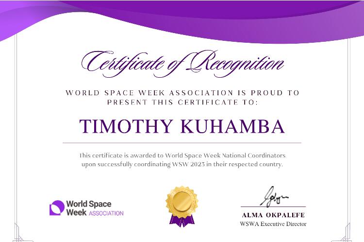 SkillsAuditDvt's tweet photo. We celebrate our very own, Engineer @TKuhamba who has received recognition for his work from the @WorldSpaceWeek Association https://t.co/wh9lDG45Jn
