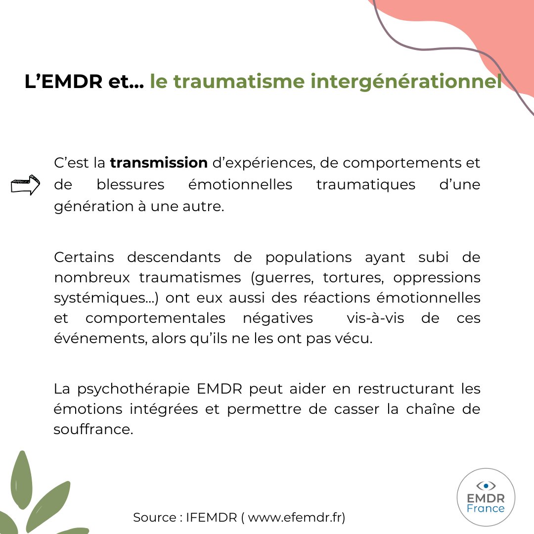 Rdv sur le site de l'IFEMDR, l'un des centres de formation affiliés à notre association pour + d'infos sur ce sujet complexe et passionnant.ifemdr.fr/therapie-emdr-…

Pour nous connaître, c'est par ici : emdr-france.org
#emdr #therapie #psychologie #trauma #transmission
