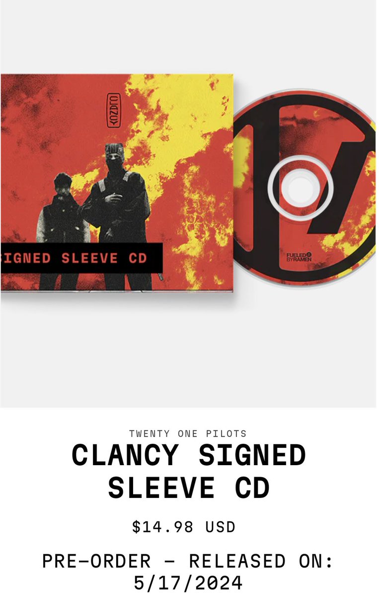 Clancy Signed CDs listed on the Twenty-one pilots website! store.twentyonepilots.com/products/clanc…