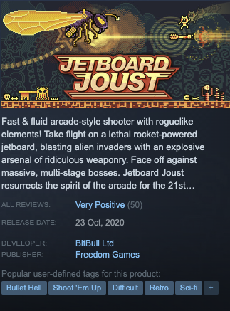 So, it's taken a while but Jetboard Joust has finally accrued enough reviews to get a 'Very Positive' Steam rating. That'll probably last about five minutes knowing my luck, but it's on ridiculous discount at the moment so why not get yourself a copy and help an #indiedev out!