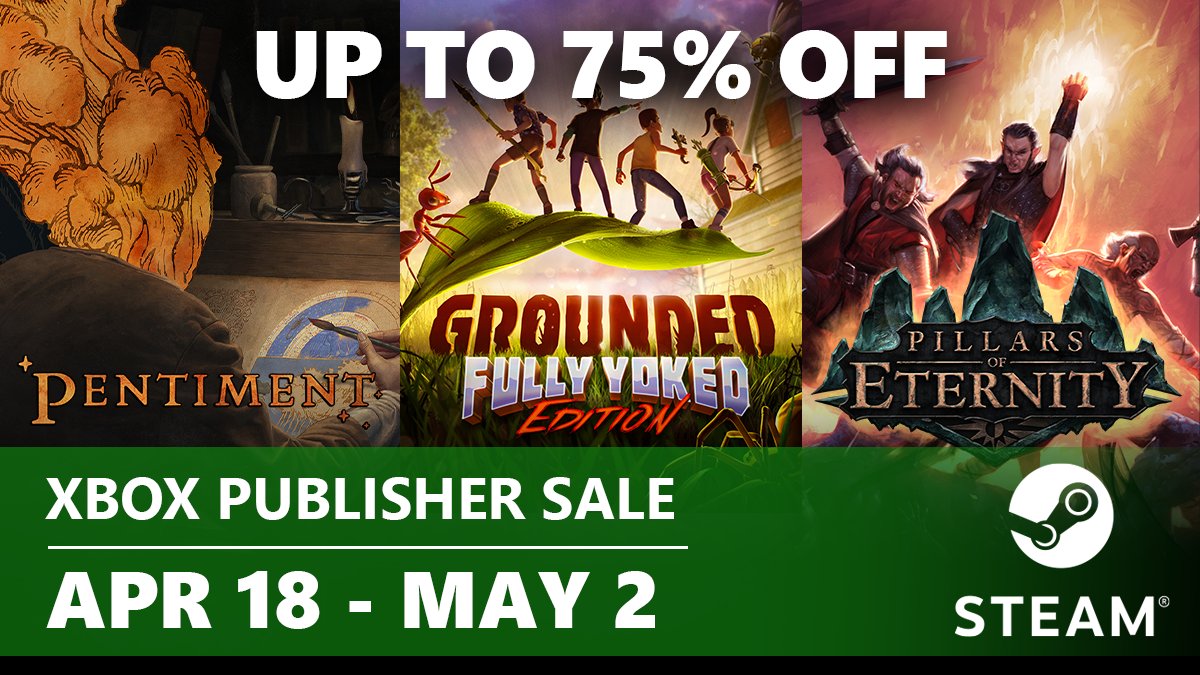 The ✨ Xbox Publisher Sale ✨ on @Steam is going on now! Score up to 75% off on our legendary titles that you can play, your way. 🎮 Sale ends May 2nd at 10am PT / 1pm ET store.steampowered.com/sale/XGS_Publi…