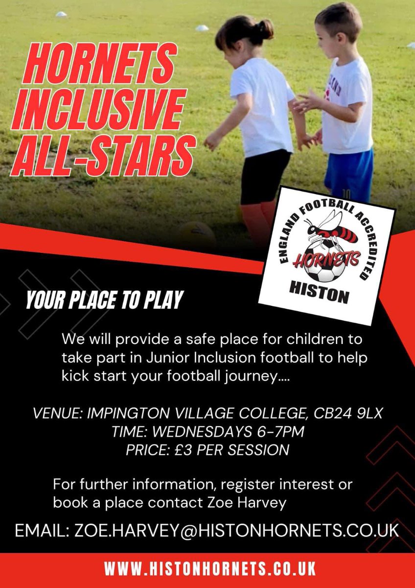 🚨Hornets inclusive All-Stars 🌟

Histon Hornets FC are pleased to announce their new junior inclusive football sessions.

Inclusive football is to help anyone who needs extra support to play the game due to physical, neurological, SEN or well being challenge.

Info in +ALT.