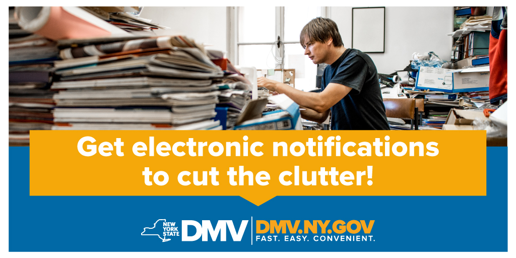 Does mail pile up faster than you can go through it? Signing up to get email and/or text reminders before your license, non-driver ID, registration or vehicle inspection expires will cut clutter and reduce paper, helping the environment. Details: process.dmv.ny.gov/enotification/ #NYSDMV