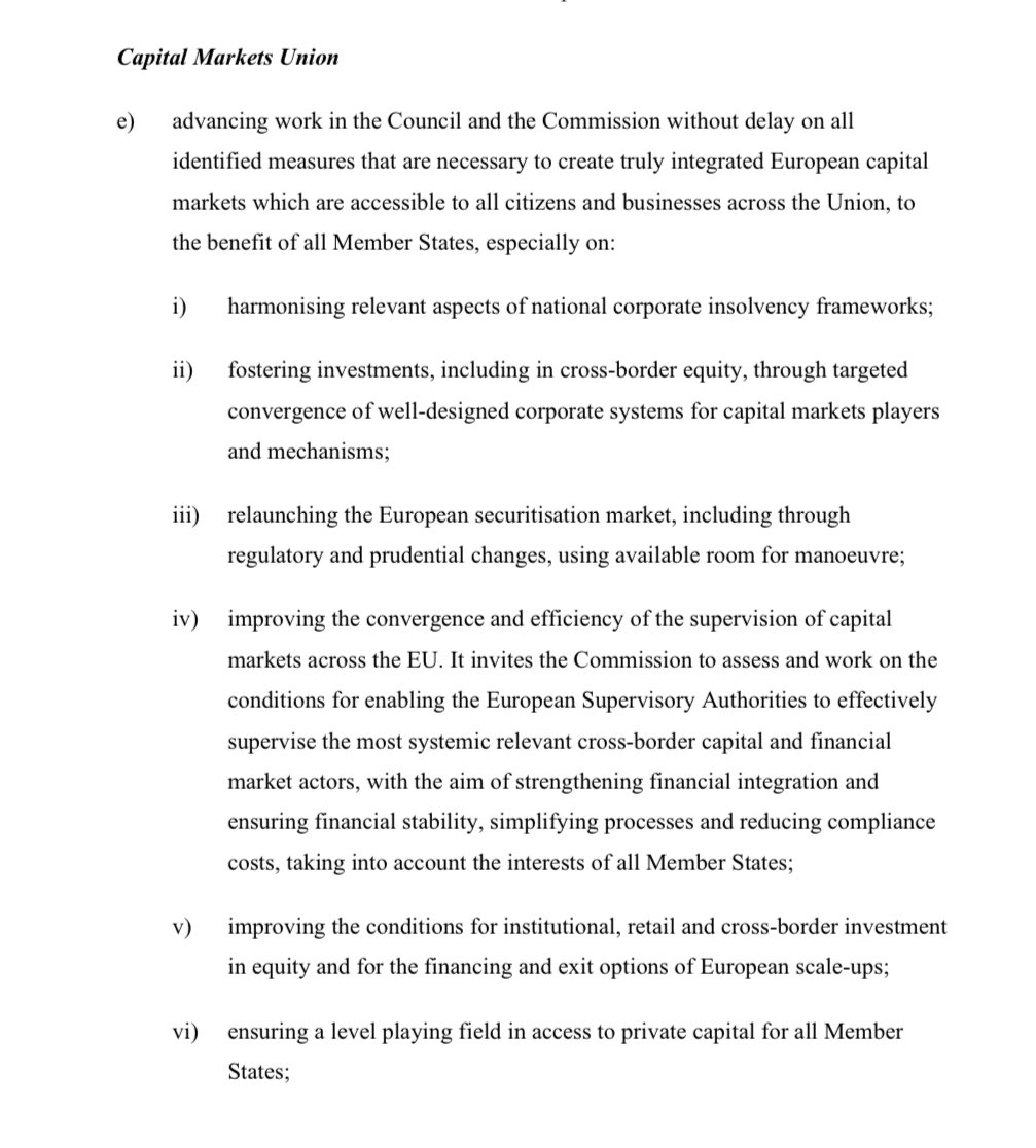 #EUCO conclusions out now: consilium.europa.eu/media/m5jlwe0p…

On #CapitalMarketsUnion, now confirmed that a lot of caveats have been introduced into this text that suggest only major cross-border companies would be subject to an EU regulator.