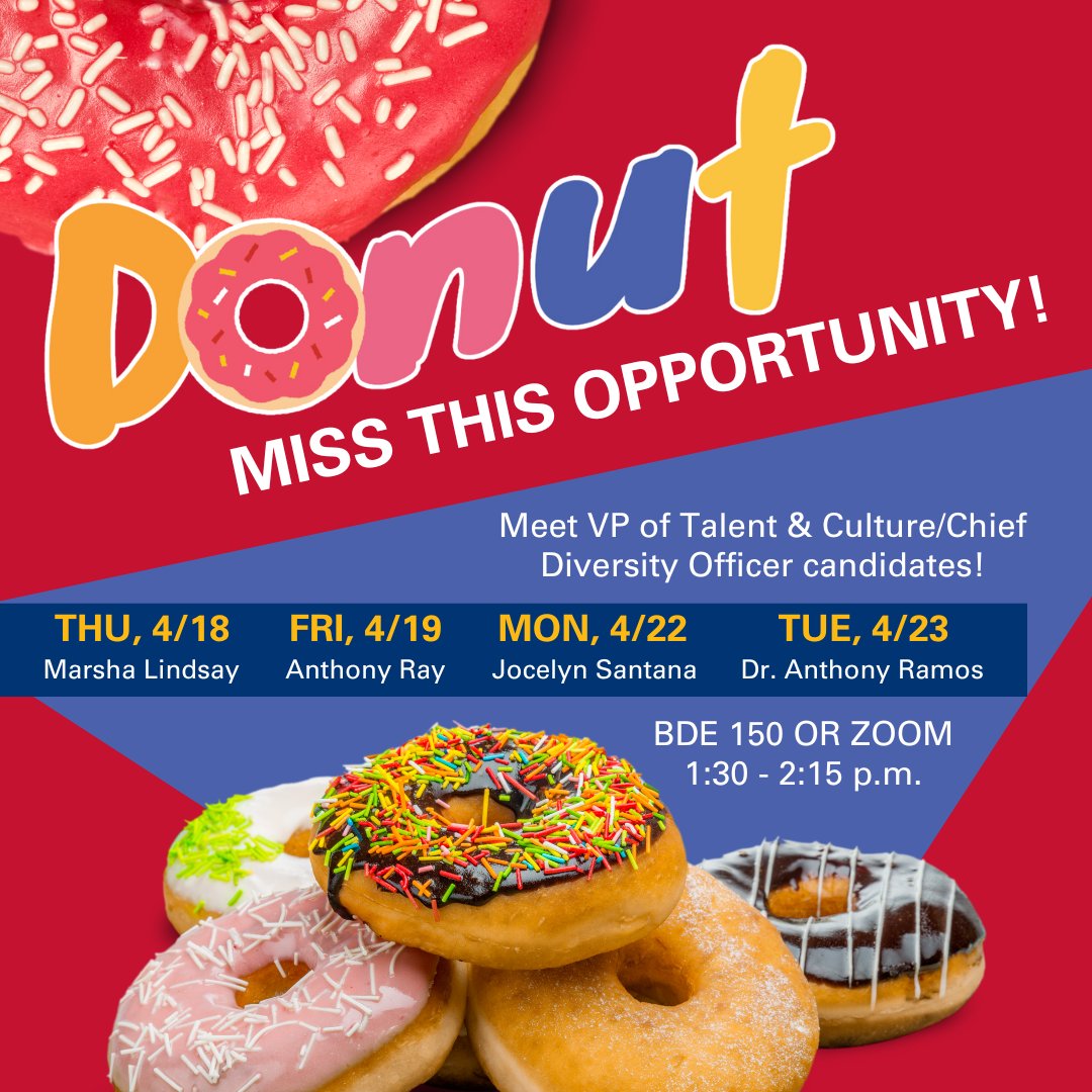 Students, join us from 1:30 - 2:15 p.m. at BDE 150 or virtually to help shape #Waubonsee's future! Meet VP of Talent & Culture/Chief Diversity Officer candidates. 🍩 Enjoy donuts in-person or a ☕ coffee gift card for virtual attendance. ℹ️ More info: brnw.ch/21wIX61