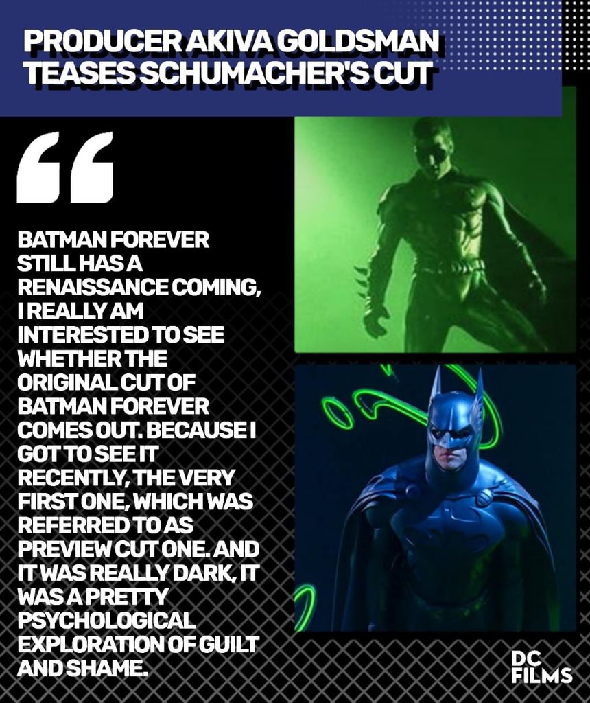 Mr. @AkivaGoldsman’s words aren’t forgotten! A renaissance is coming, the 30th Anniversary is upon us, and we will see it! @wbd please honor Joel Schumacher.

#ReleaseTheSchumacherCut