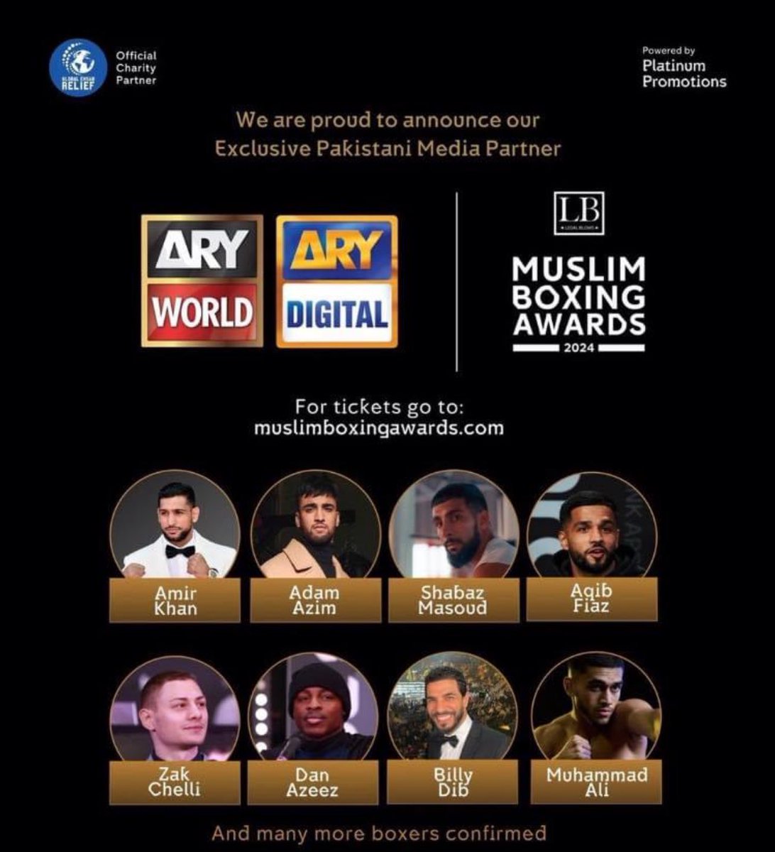 A knock out night this Saturday with @amirkingkhan and many other well known boxers attending the LB Muslim Boxing Awards. 🥊 Get your tickets at MuslimBoxingAwards.com - limited tickets remaining. We look forward to seeing you all in #Birmingham on 20 April!