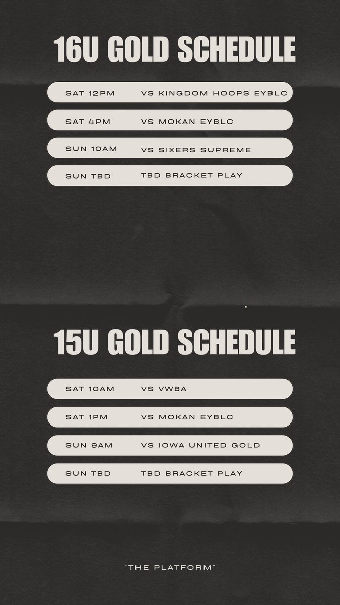 16U & 15U Gold schedule for this weekend 🏟️ Hyvee Arena 📍 Hardwood Events 🏀 “The Platform”