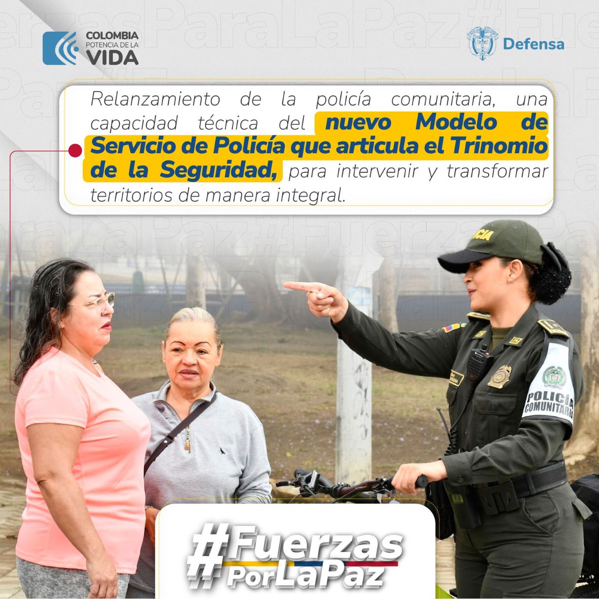 ¡Anunciamos el relanzamiento de la policía comunitaria como parte fundamental de nuestro Nuevo Modelo de Servicio de Policía! Esta capacidad técnica articula el #TrinomioDeLaSeguridad para intervenir y transformar territorios de manera integral. #FuerzasPorLaPaz